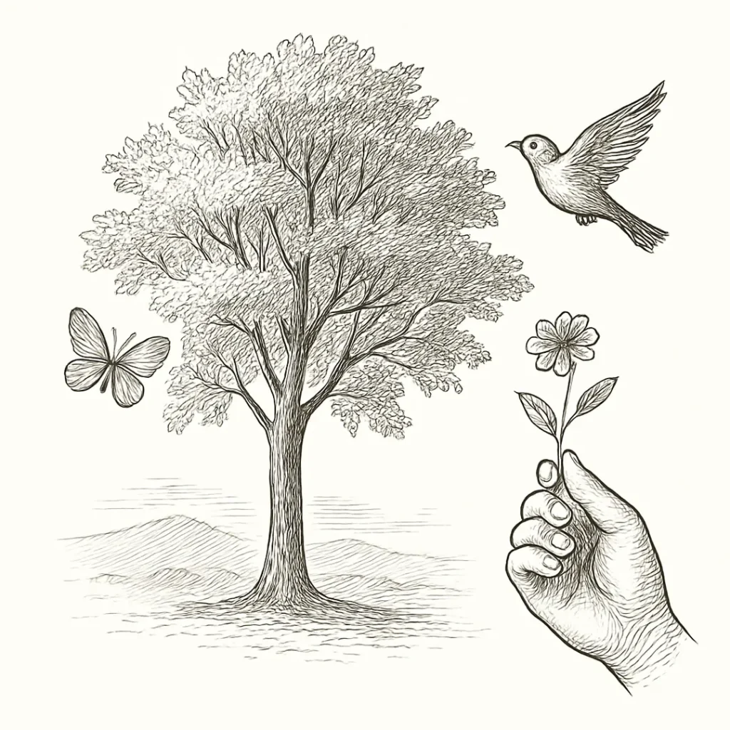 Ilustración en blanco y negro de un árbol rodeado por un ave, una mariposa y una mano con una flor, símbolo de la biodiversidad que se pierde.