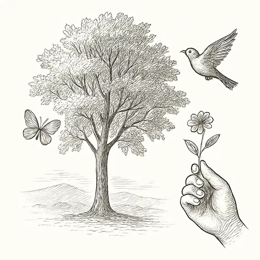Biodiversidad: lo que perdemos sin darnos cuenta Ilustración en blanco y negro de un árbol rodeado por un ave, una mariposa y una mano con una flor, símbolo de la biodiversidad que se pierde.