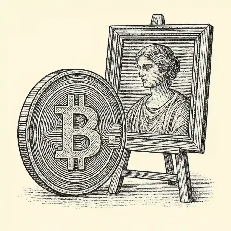 Bitcoin y el valor invisible del arte representados en un grabado clásico.