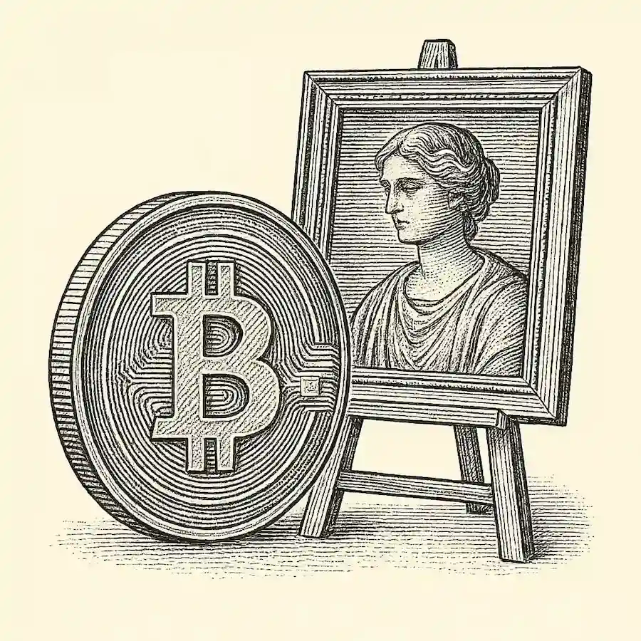 Bitcoin y el valor invisible del arte representados en un grabado clásico.