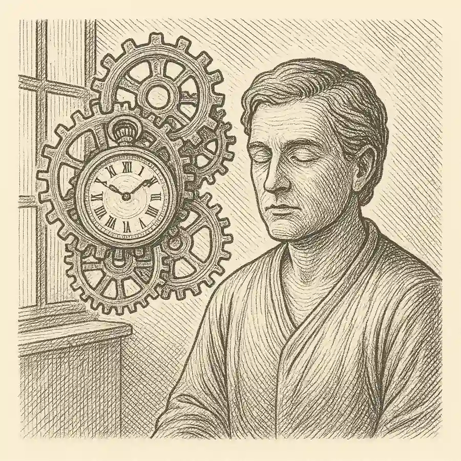 Bocatoreño interior: otra cadencia, otro reloj Ilustración en estilo grabado de un hombre meditativo con engranajes y reloj, símbolo de un tiempo interior distinto.