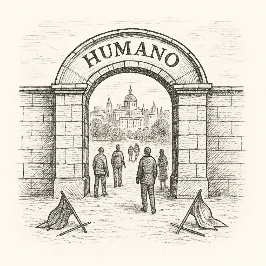 Ilustración en blanco y negro de un arco con la palabra HUMANO que da acceso a una ciudad sin banderas, símbolo de un mundo sin fronteras.