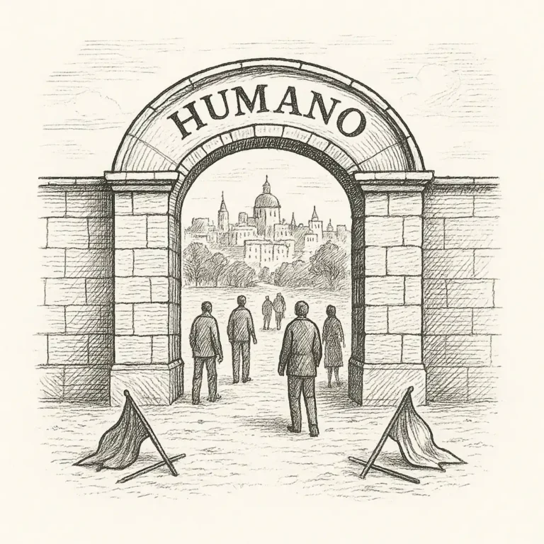 Ilustración en blanco y negro de un arco con la palabra HUMANO que da acceso a una ciudad sin banderas, símbolo de un mundo sin fronteras.