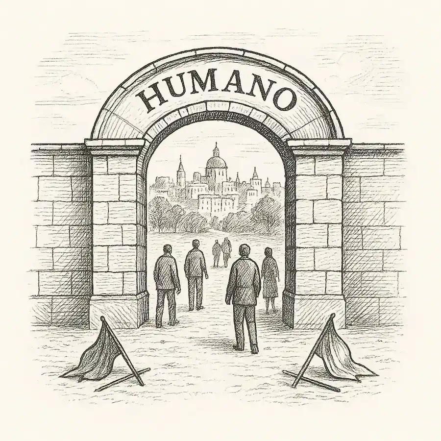 La primera ciudad de la humanidad: un mundo sin fronteras Ilustración en blanco y negro de un arco con la palabra HUMANO que da acceso a una ciudad sin banderas, símbolo de un mundo sin fronteras.