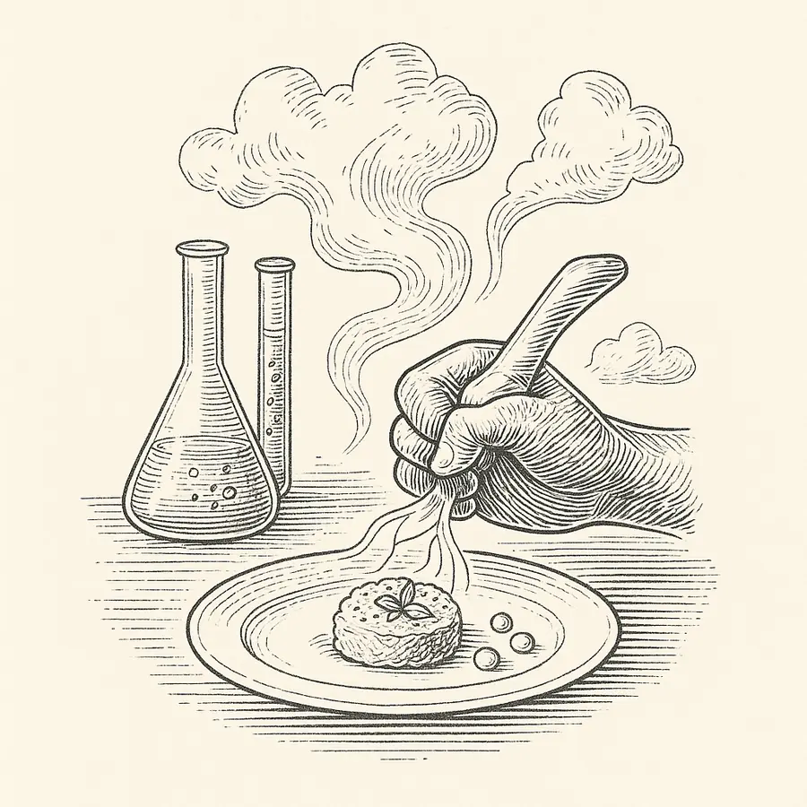 Cocina molecular y la memoria de los sabores Ilustración estilo grabado de cocina molecular con frascos de laboratorio y plato humeante.