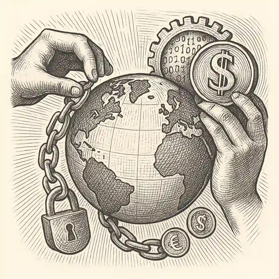 Colonización económica y el futuro del mundo Globo terráqueo encadenado y controlado por símbolos de poder económico