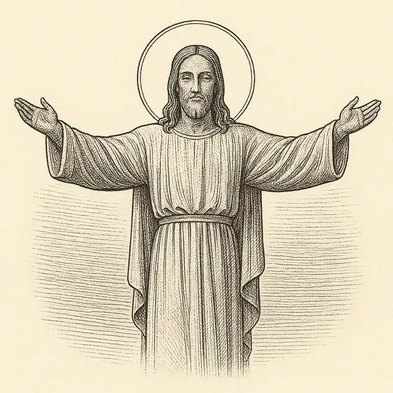 Ilustración estilo grabado del Cristo de la Concordia de Cochabamba con brazos abiertos.