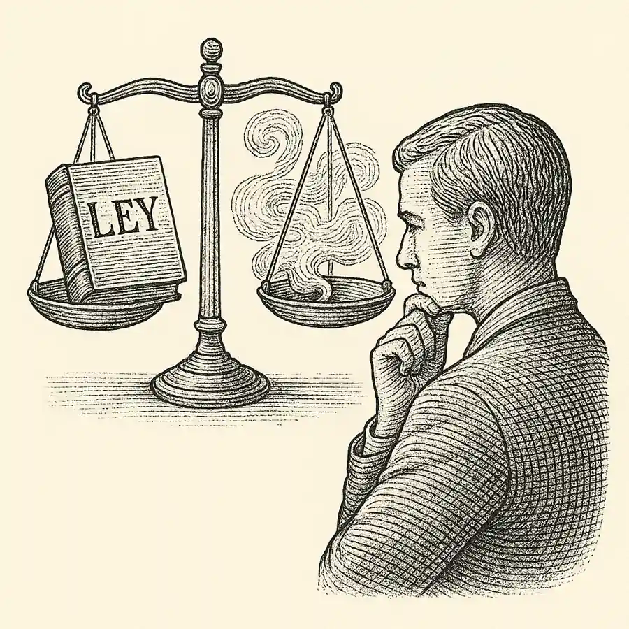 Balanza entre la ley y la mentira en un dilema social.