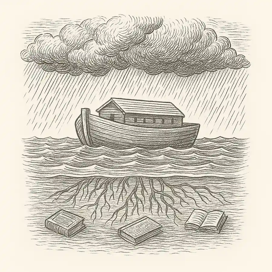 Ilustración en blanco y negro de un arca flotando bajo la lluvia con libros sumergidos bajo el agua, simbolizando la memoria escondida del diluvio universal.
