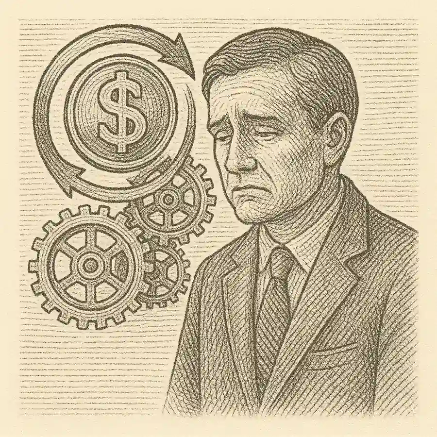 Dólar y ciclos internos: economía y ánimo Ilustración en estilo grabado de un hombre pensativo con engranajes y símbolo del dólar, reflejando ciclos económicos y emocionales.