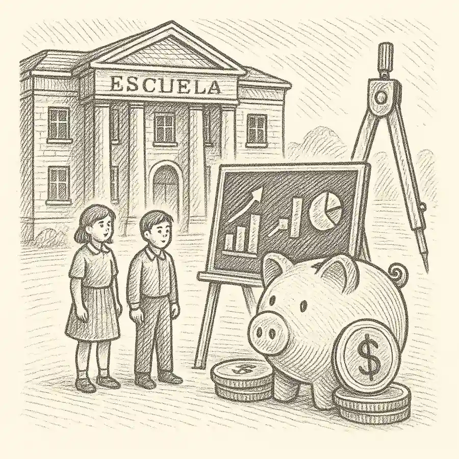 Educación financiera obligatoria en todas las escuelas Aula y colegio con alumnos, hucha y pizarra que representa educación financiera obligatoria