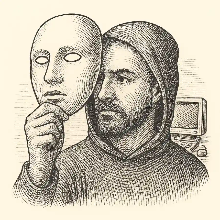 Ilustración del fin del anonimato en la vida digital. Hombre quitándose una máscara frente a un ordenador, símbolo del fin del anonimato digital.