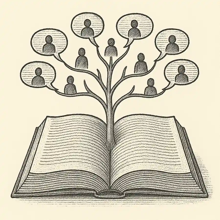 El libro del pueblo y las ideas compartidas. Libro abierto del que brotan ideas compartidas en estilo grabado clásico.