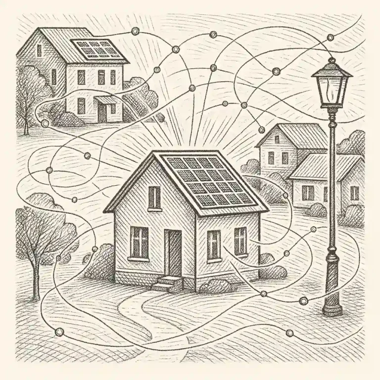 Barrio con casas y paneles solares conectados en red de energía descentralizada