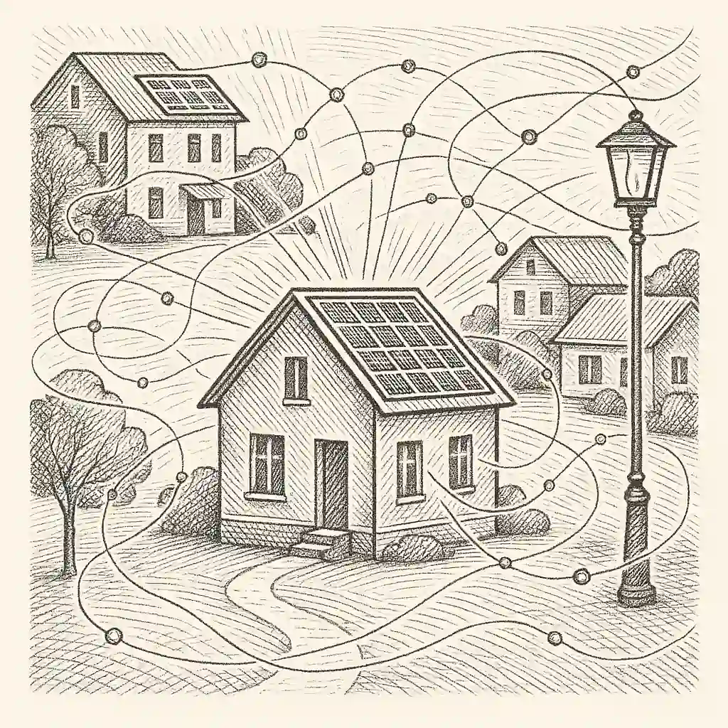 Barrio con casas y paneles solares conectados en red de energía descentralizada Barrio con casas y paneles solares conectados en red de energía descentralizada