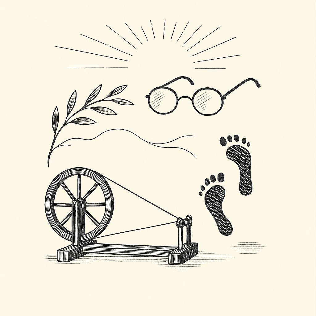 Símbolos inspirados en Gandhi y lo que no vemos Ilustración estilo grabado con rueca, hilos que se convierten en ramas de olivo y huellas, evocando las frases célebres de Gandhi.