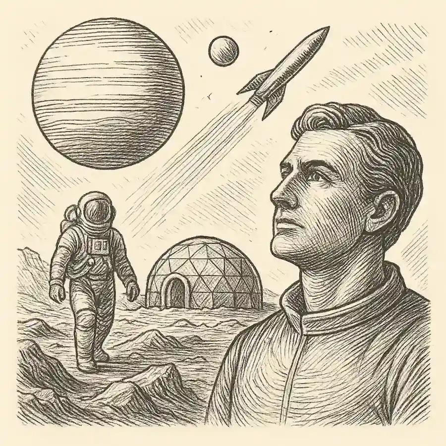 Futuro de la humanidad y la vida interplanetaria Ilustración en estilo grabado de astronautas, un domo espacial y un cohete representando el futuro interplanetario de la humanidad.
