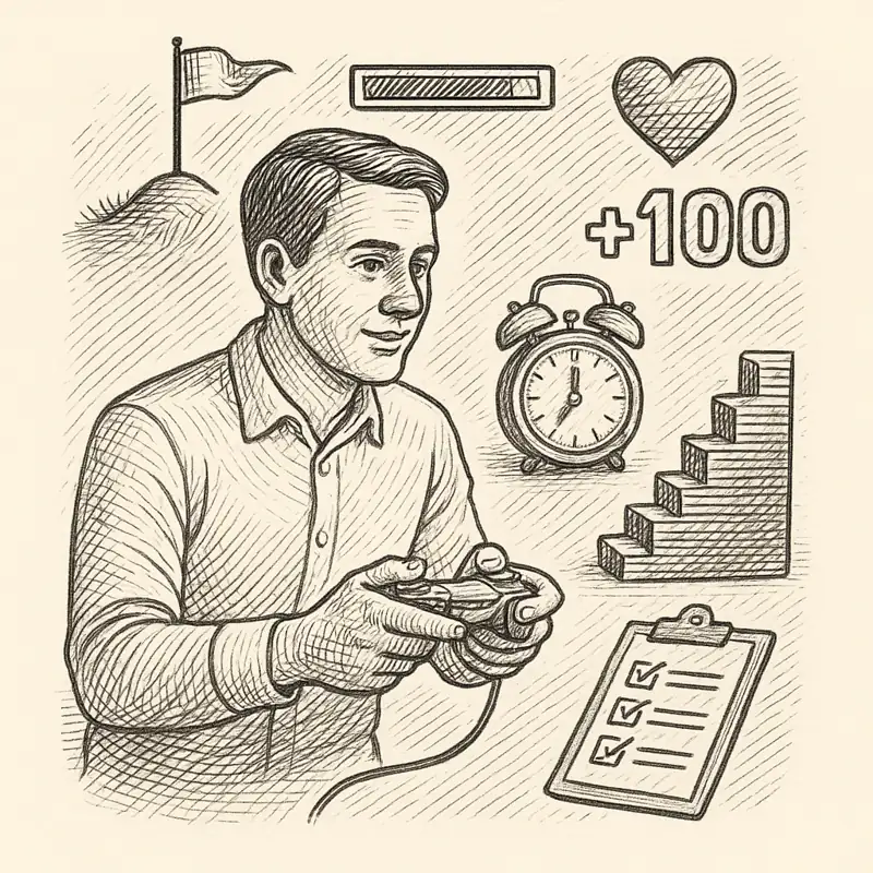 Gamificación de la vida: cuando todo se convierte en juego Ilustración estilo grabado sobre la gamificación de la vida cotidiana
