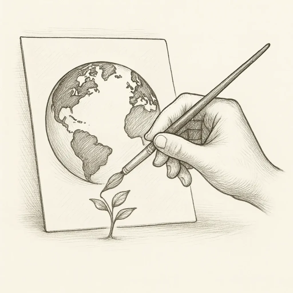Ilustración en blanco y negro de una mano pintando el mundo en un lienzo, símbolo de cómo los genios del arte interpretan y piensan la realidad.