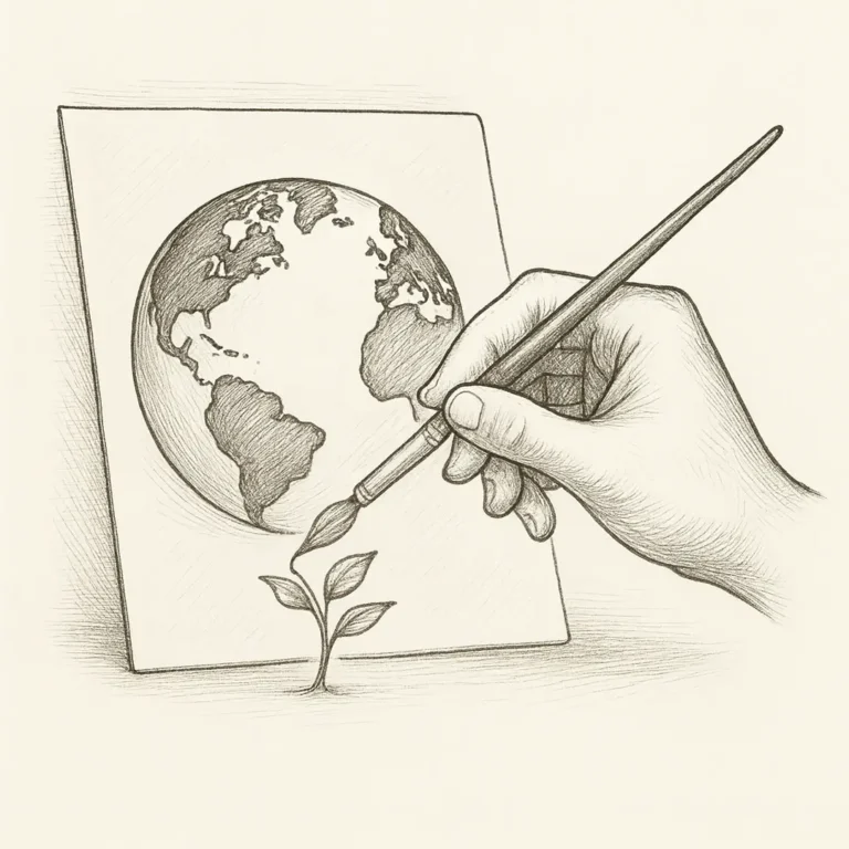 Ilustración en blanco y negro de una mano pintando el mundo en un lienzo, símbolo de cómo los genios del arte interpretan y piensan la realidad.