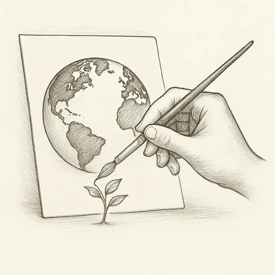 Los genios del arte también piensan el mundo Ilustración en blanco y negro de una mano pintando el mundo en un lienzo, símbolo de cómo los genios del arte interpretan y piensan la realidad.