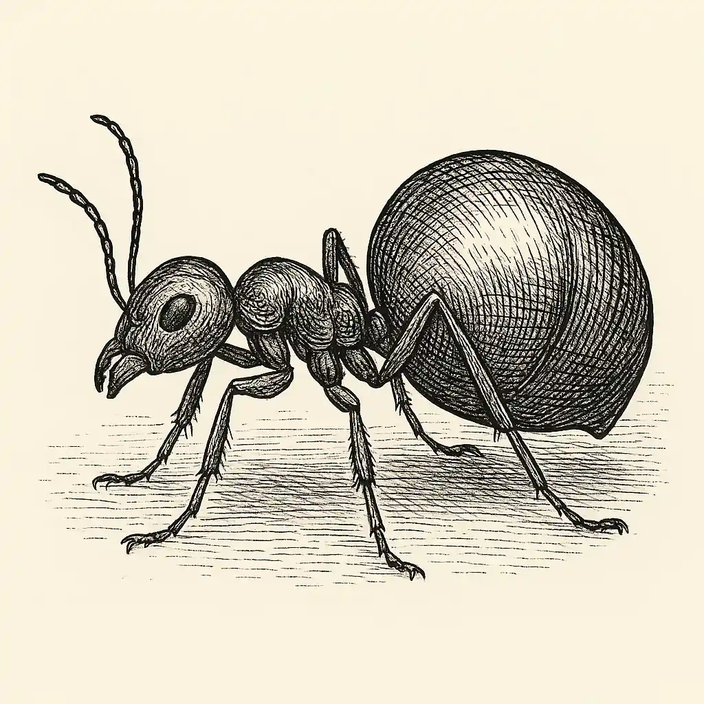 Hormiga culona ilustrada en estilo grabado clásico en blanco y negro sobre fondo claro.