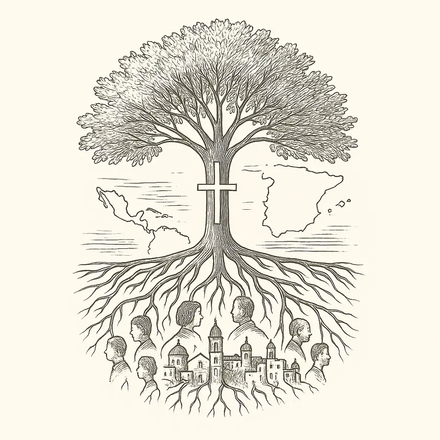 Ilustración en blanco y negro de un árbol cuyas raíces son personas y edificios, simbolizando la inmigración hispana como nueva raíz de España.
