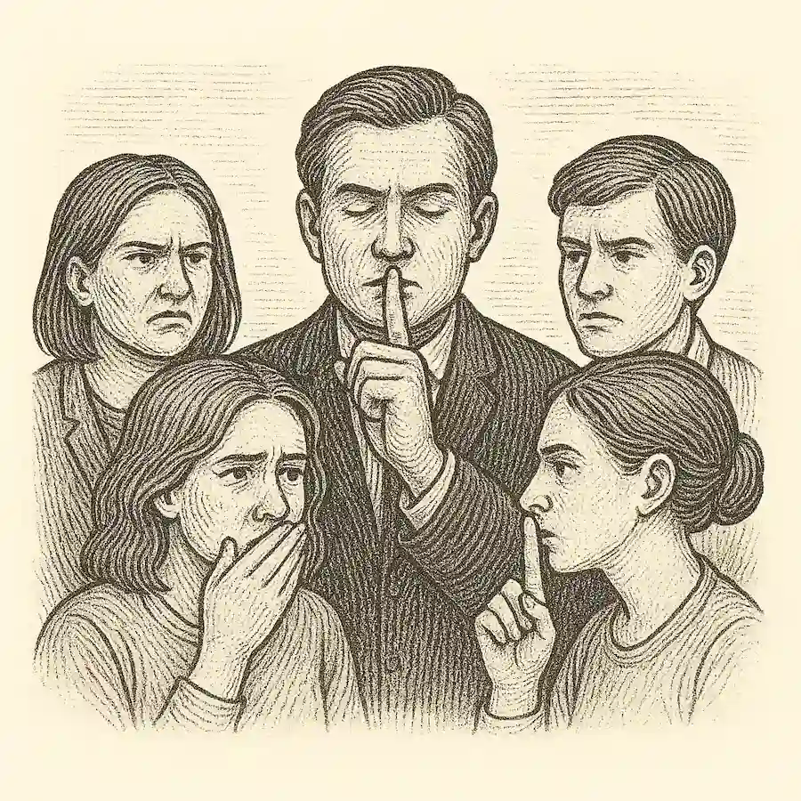 La conspiración del silencio en los colectivos Ilustración en blanco y negro de un grupo de personas guardando silencio en un colectivo.