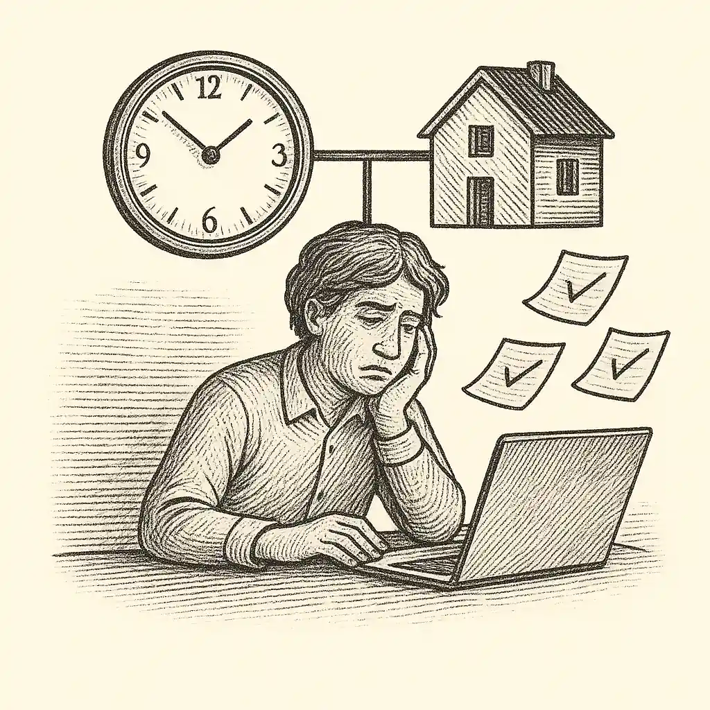 Ilustración en blanco y negro sobre la economía de las microtareas y la fragmentación de la vida personal.