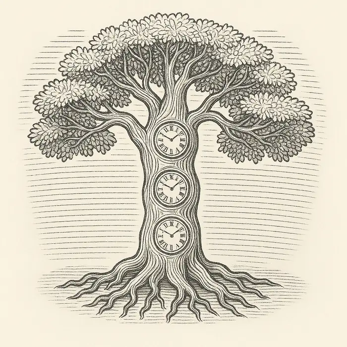 Longevidad extrema y la vida que no termina Ilustración estilo grabado de un árbol con relojes incrustados en el tronco, símbolo de longevidad extrema.