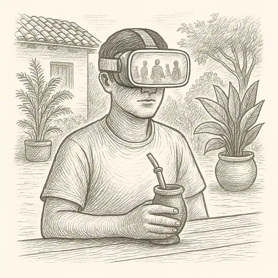 Ilustración en blanco y negro de una persona con visor VR tomando tereré en un patio paraguayo, símbolo del metaverso como experiencia cotidiana.