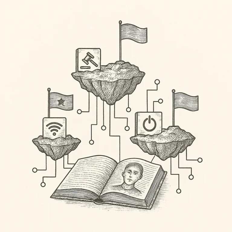 Ilustración en blanco y negro de islas flotantes con banderas y símbolos digitales conectadas entre sí, representando micro-naciones digitales con soberanía virtual.