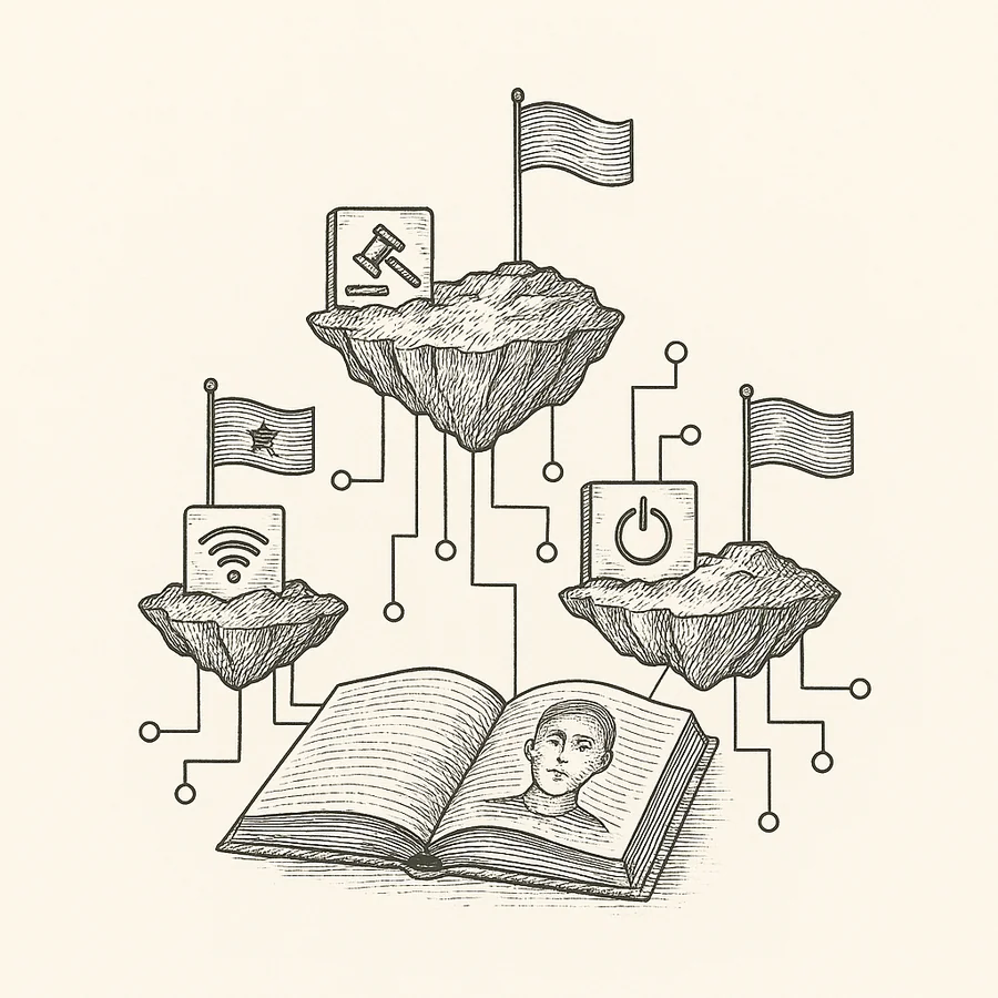 Ilustración en blanco y negro de islas flotantes con banderas y símbolos digitales conectadas entre sí, representando micro-naciones digitales con soberanía virtual.