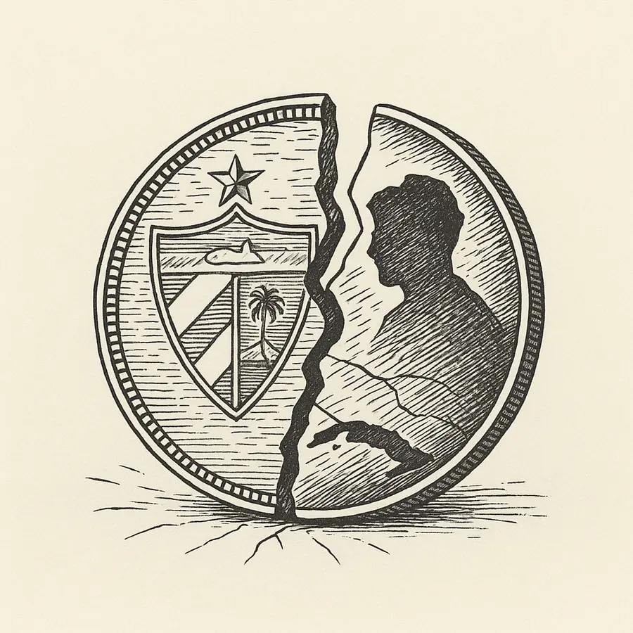 Ilustración estilo grabado de una moneda partida que revela su “otra cara” oculta.
