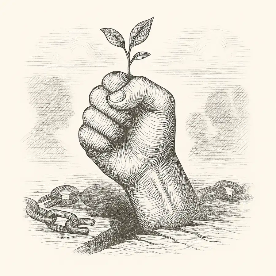 Ilustración en blanco y negro de un puño cerrado que sostiene un brote, con cadenas rotas al fondo, simbolizando la lucha contra las drogas.