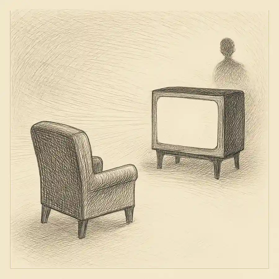Grabado en blanco y negro de un sillón vacío frente a un televisor encendido, metáfora de no ver series
