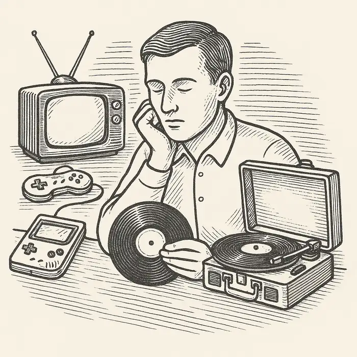 Ilustración estilo grabado de un hombre pensativo rodeado de objetos retro como televisor, vinilo y consola portátil.