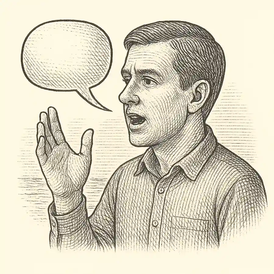 Ilustración sobre la vergüenza de hablar solos. Hombre hablando solo con gesto expresivo, ilustración en estilo grabado clásico.