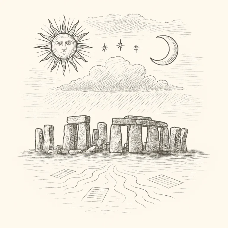 Ilustración en blanco y negro de Stonehenge con sol, luna y estrellas, simbolizando una visión distinta de su propósito.