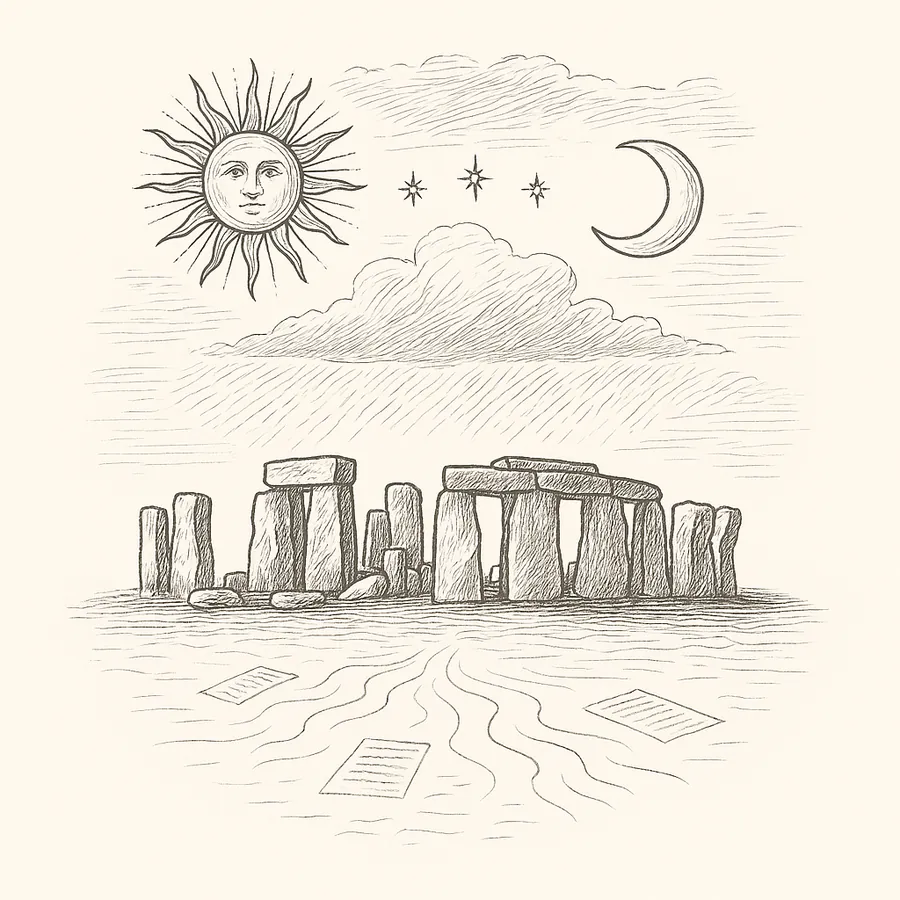 Propósito de Stonehenge visto desde otra mirada Ilustración en blanco y negro de Stonehenge con sol, luna y estrellas, simbolizando una visión distinta de su propósito.