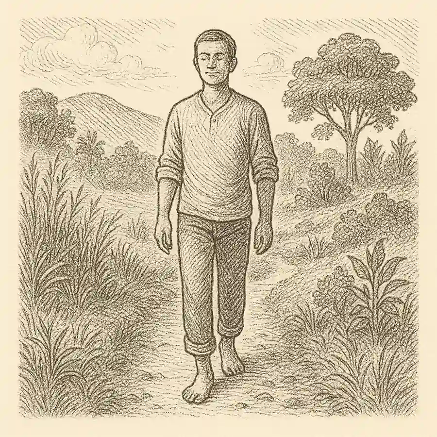 Pura vida practicada, no proclamada Ilustración en estilo grabado de un hombre caminando descalzo en un paisaje natural, símbolo de la vida sencilla.