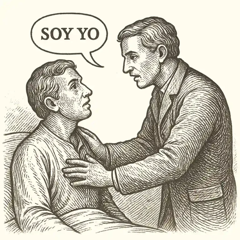Ilustración en estilo grabado de dos hombres idénticos, uno dice "soy yo".