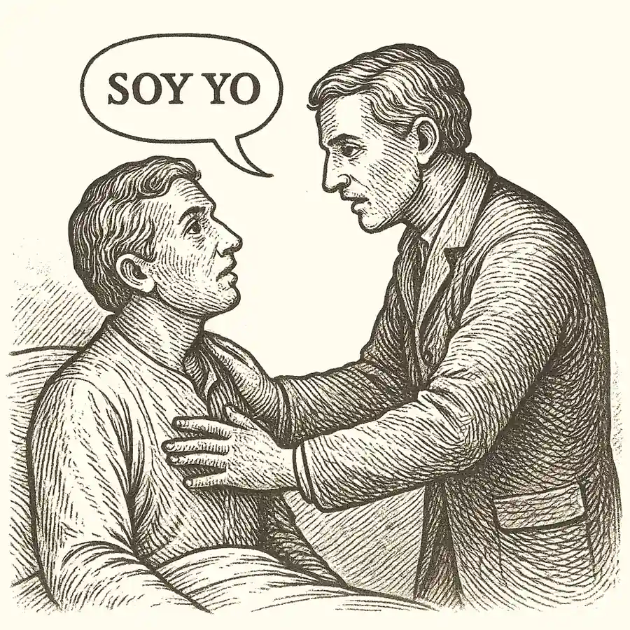 Recuerdos implantados y clonados en estilo grabado clásico. Ilustración en estilo grabado de dos hombres idénticos, uno dice "soy yo".