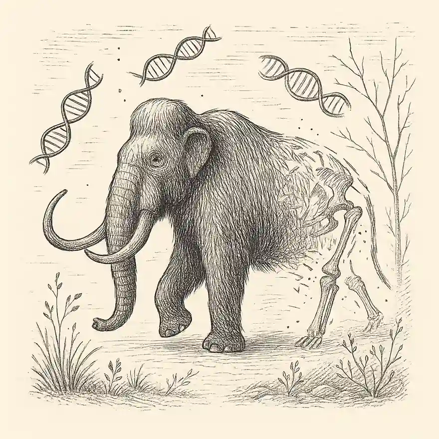 Mamut reviviendo entre ciencia y memoria Ilustración estilo grabado de un mamut en proceso de resurgir de la extinción con hebras de ADN y paisaje fragmentado