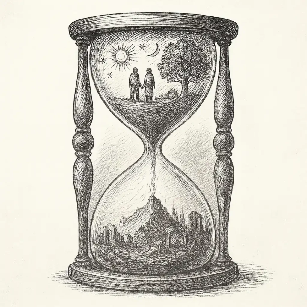 Ilustración en blanco y negro de un reloj de arena con una ciudad y un árbol en la parte superior y ruinas en la inferior, símbolo de los riesgos existenciales.
