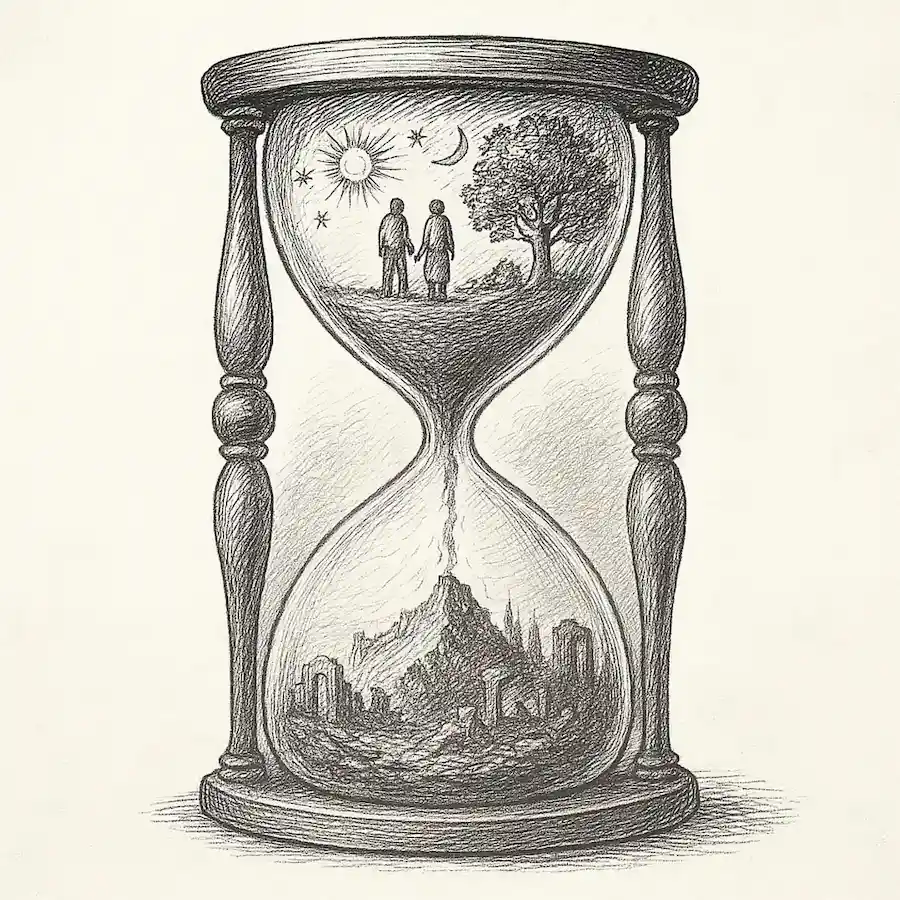 Ilustración en blanco y negro de un reloj de arena con una ciudad y un árbol en la parte superior y ruinas en la inferior, símbolo de los riesgos existenciales.