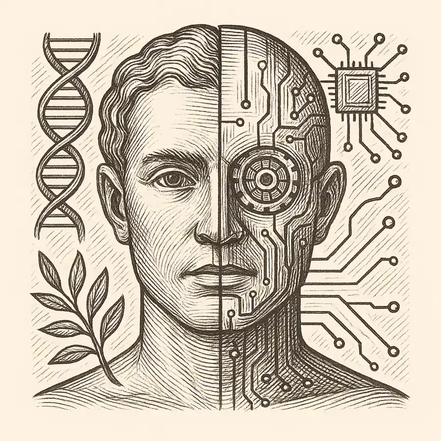 Seremos la última generación biológica pura Rostro dividido entre biología y tecnología con ADN y circuitos en estilo grabado
