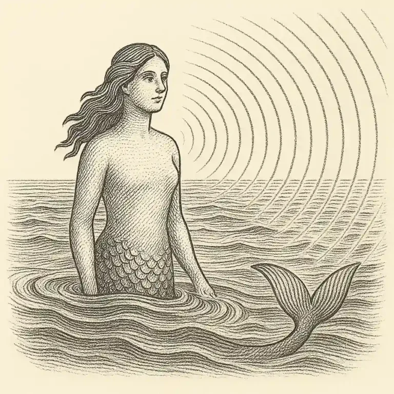 Sirena en el mar con ondas de eco en estilo grabado clásico.