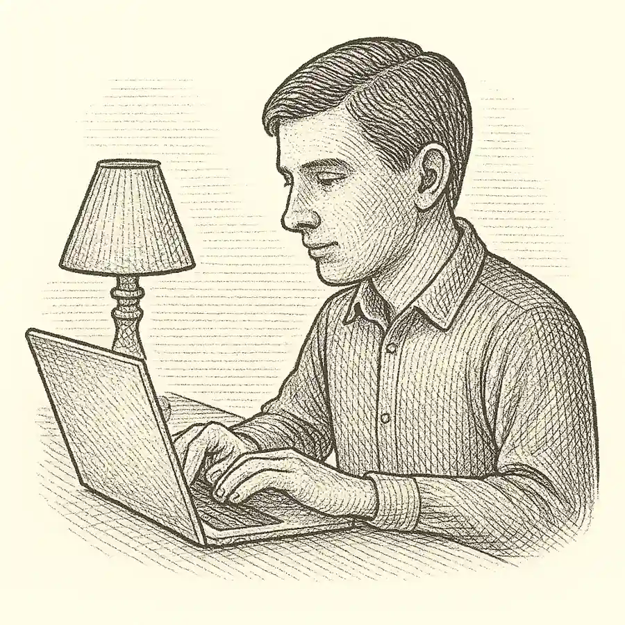 Joven concentrado usando un portátil, ilustración en estilo grabado clásico.