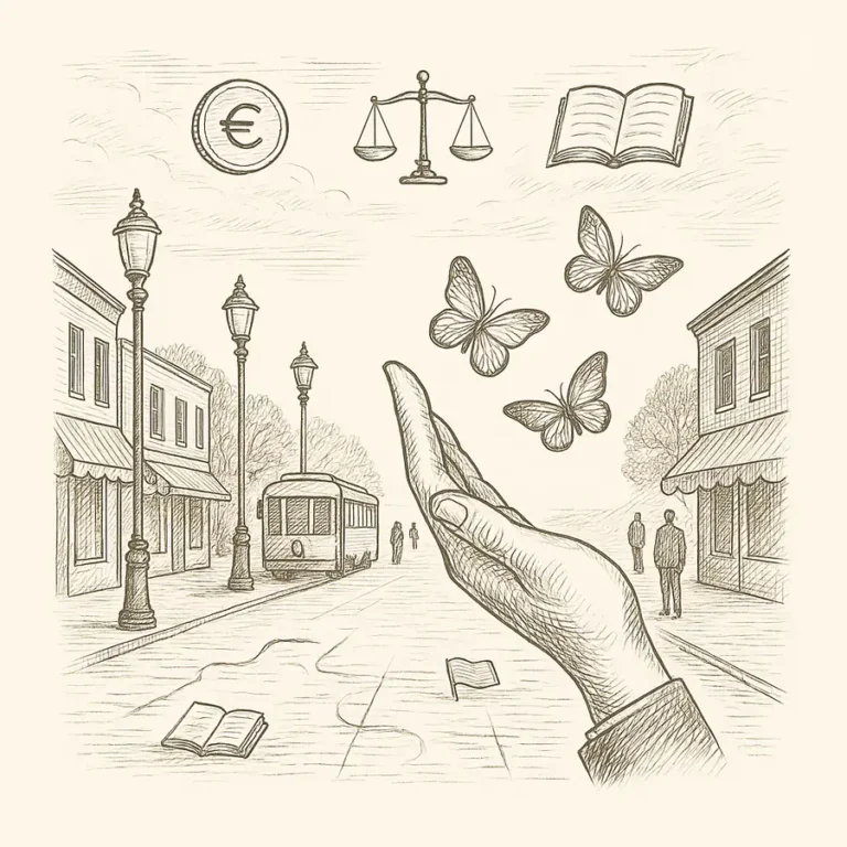 Ilustración en blanco y negro de una calle con personas libres, tiendas y una mano que libera mariposas, simbolizando las ventajas del liberalismo en la vida cotidiana.